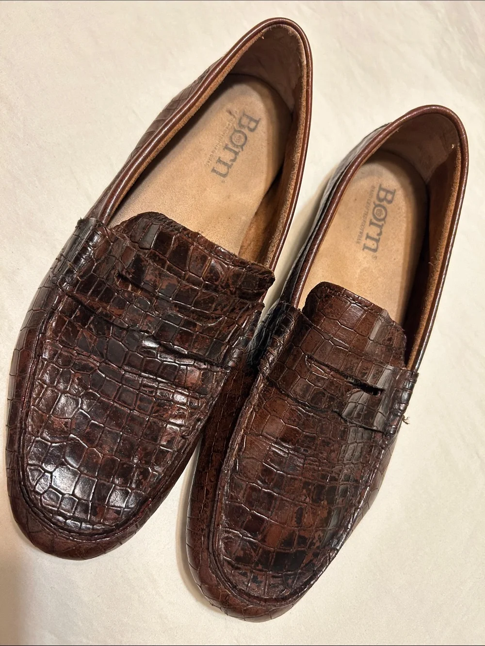 Born Men’s Dark Brown Croc-Embossed Leather Slip-On Loafers